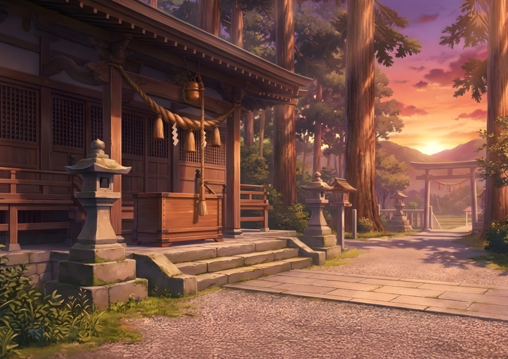 夕暮れの神社境内。夕焼け空に照らされた拝殿と賽銭箱、石灯籠が並び、参道の奥に鳥居と森が広がる