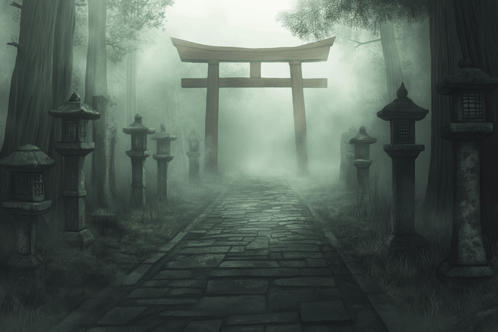 霧が立ち込める森林の中に石畳の小道と鳥居。両脇に石灯篭が並び、幻想的な雰囲気を醸し出す。