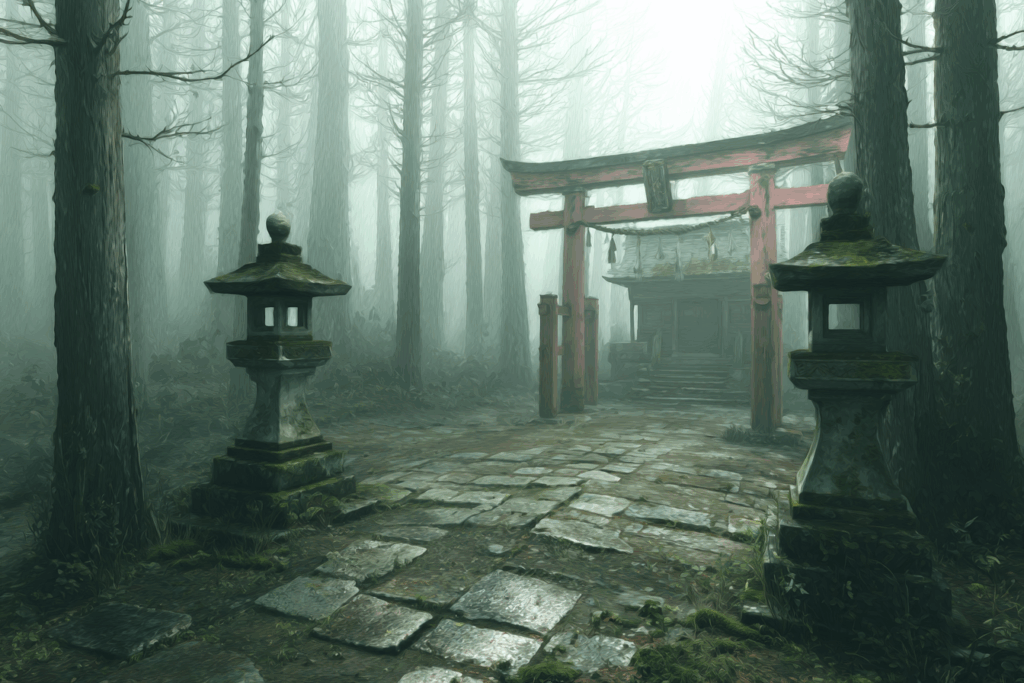 霧に包まれた森林の中にある古い神社の鳥居と石灯籠。苔むした石畳の道が雰囲気を醸し出している。
