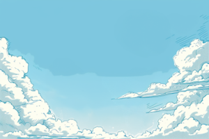 青空に浮かぶ柔らかそうな白い雲が特徴的なアニメ風のイラスト。雲が左右に分かれ、中央には広い青空が広がっている。