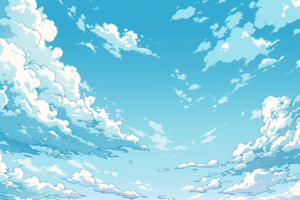 青く澄んだ空に白い雲が広がるアニメ風イラスト。雲はふんわりとして様々な形をなし、空全体に立体感を与えています。明るい青色と白色の対比が、爽やかで心地よい雰囲気を演出しています。