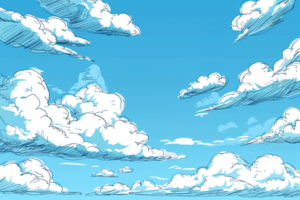 青空に浮かぶ大小様々な雲が描かれたイラスト。雲は有機的なラインとシェーディングで描かれ、のどかな空の風景を表現している。