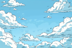 青空に浮かぶ白い雲が描かれた空のイラスト。晴れやかな天候を表しており、さまざまな形や大きさの雲が広がっている。