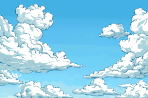 青空に浮かぶ数々の白い雲が描かれた美しいイラスト。ふわふわとした雲の質感が鮮明で、穏やかな雰囲気を醸し出している。