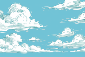 青空に浮かぶ手描き風の白い雲々が、爽やかで穏やかな空の風景を描写しています。