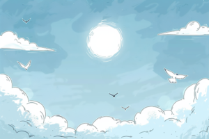 青い空に白い雲と飛んでいる鳥たちが描かれたイラスト。中央に陽光が輝き、平和で晴れやかな日を感じさせる風景。