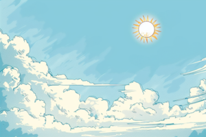 青空に輝く太陽とふんわりとした白い雲が散在する、爽やかな風景のイラスト。
