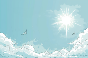 澄んだ青空に燦々と輝く太陽と、白い雲の間を悠々と飛ぶ2羽の鳥。眩しい陽光が温かさを感じさせる。