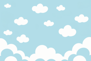 青空に白い雲が浮かんでいるシンプルなイラスト。几何学的な雲が散在しており、背景は爽やかな水色で穏やかな雰囲気。
