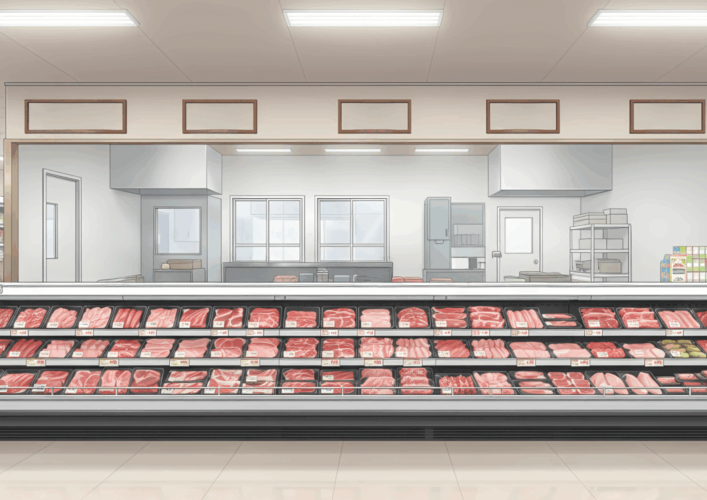 スーパーマーケットの精肉売り場。パック詰めされた牛肉や豚肉が棚一面に並び、奥には調理場がガラス越しに見える。